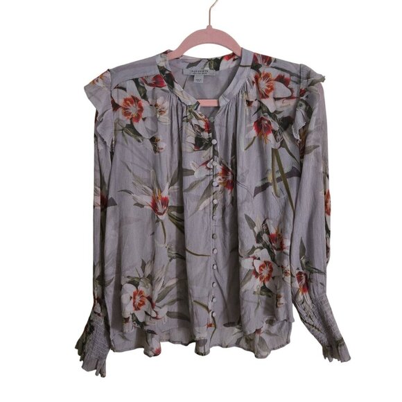 Allsaints Lara Kuroyuri Floral Long Sleeve Ruffled Blouse Quiet Luxury Size 2 - Picture 2 of 11